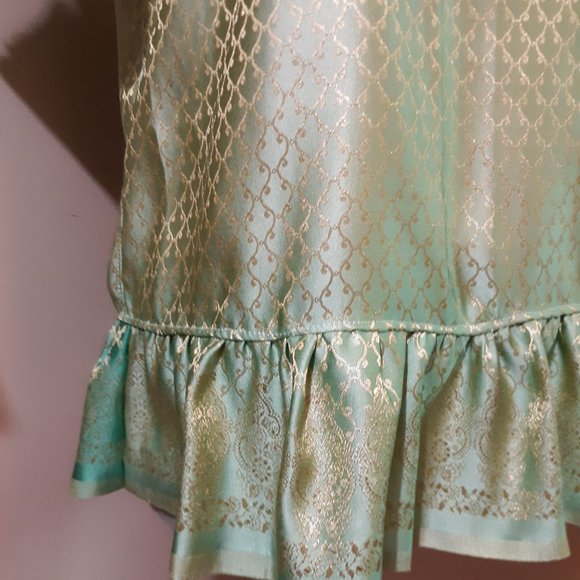 CHARMEUSE Boho Ruffled Blouse XL Mint green Gold Silky print Sexy V-neck Tie sle - Picture 7 of 12